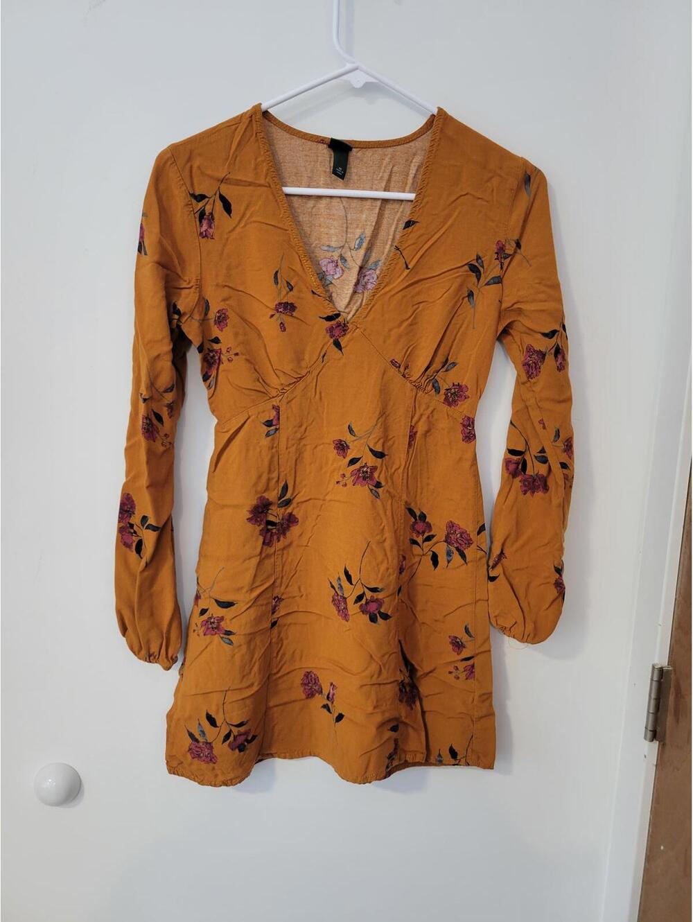 Mustard Yellow Floral Long Sleeve Rayon Dress